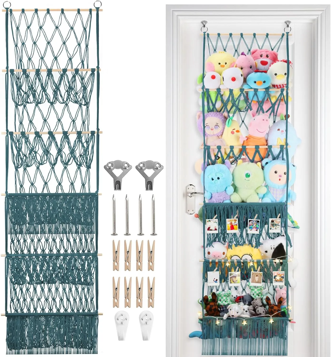 5 Tier Stuffed Animal Storage Shelf Net, 17x61 Inch Large Plushie Net w/LED Light & Clips for Mini Medium Stuffy Teddy, Aqua Boho Macrame Wall Toy Holder Display for Nursery Kids Girls Boys