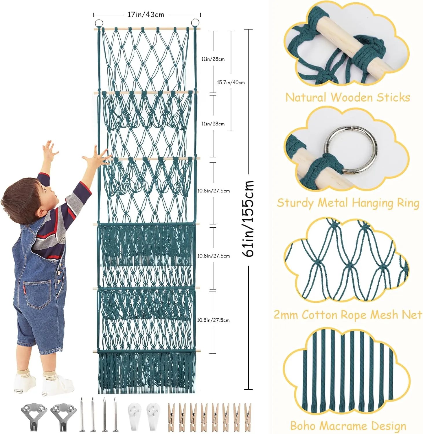 5 Tier Stuffed Animal Storage Shelf Net, 17x61 Inch Large Plushie Net w/LED Light & Clips for Mini Medium Stuffy Teddy, Aqua Boho Macrame Wall Toy Holder Display for Nursery Kids Girls Boys