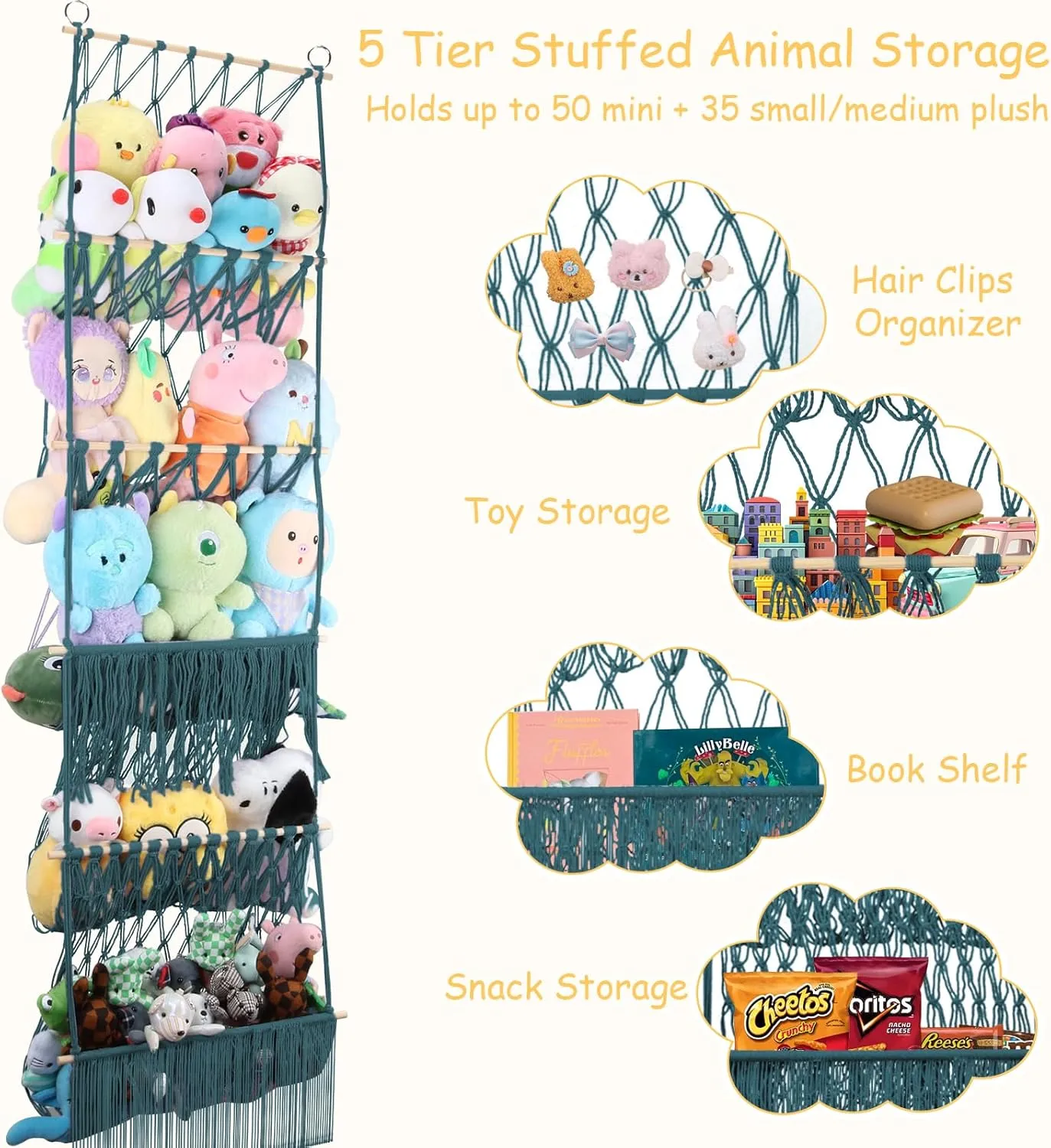5 Tier Stuffed Animal Storage Shelf Net, 17x61 Inch Large Plushie Net w/LED Light & Clips for Mini Medium Stuffy Teddy, Aqua Boho Macrame Wall Toy Holder Display for Nursery Kids Girls Boys