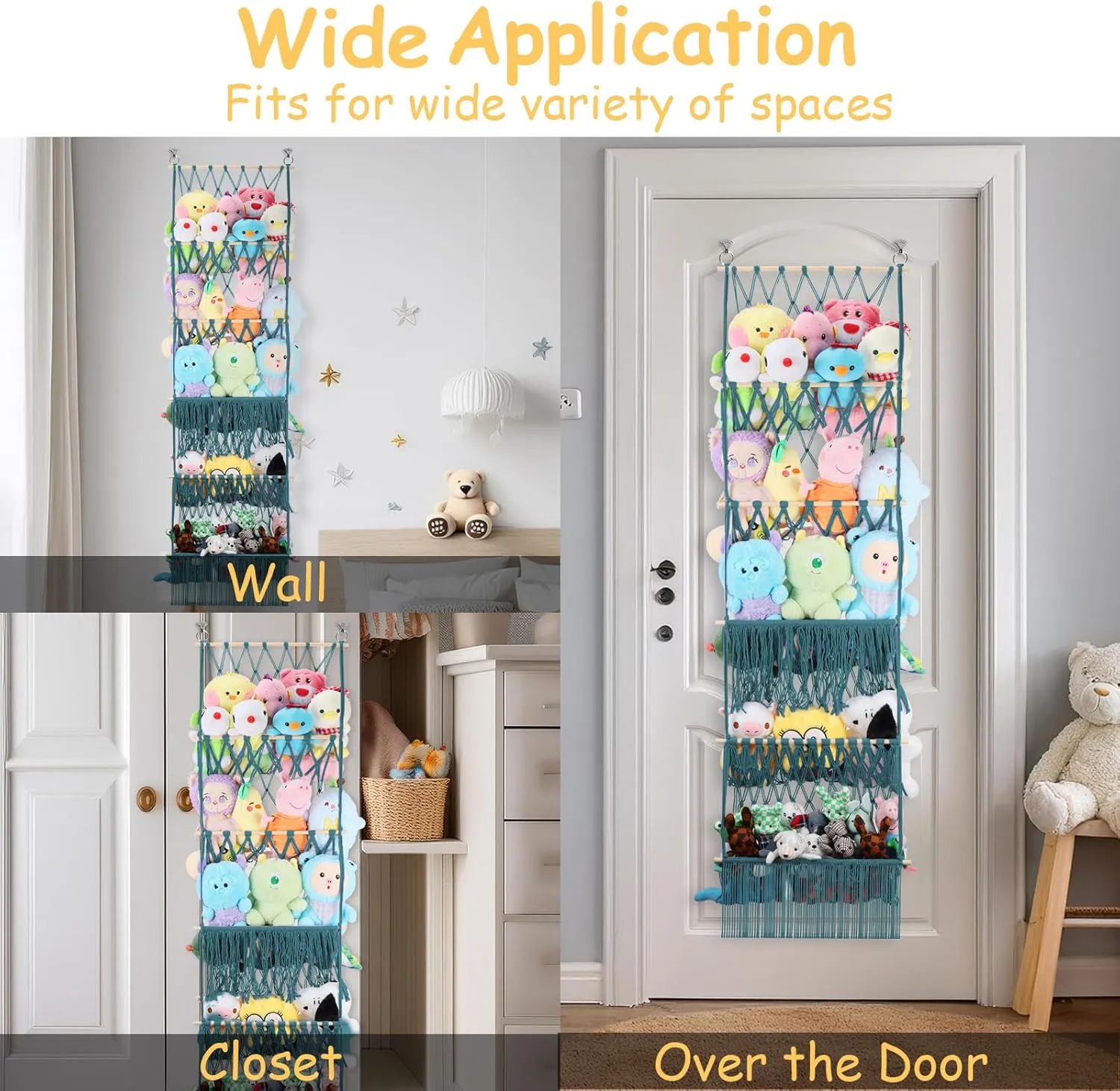 5 Tier Stuffed Animal Storage Shelf Net, 17x61 Inch Large Plushie Net w/LED Light & Clips for Mini Medium Stuffy Teddy, Aqua Boho Macrame Wall Toy Holder Display for Nursery Kids Girls Boys