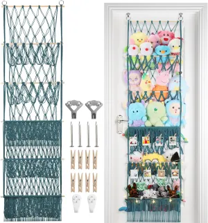 5 Tier Stuffed Animal Storage Shelf Net, 17x61 Inch Large Plushie Net w/LED Light & Clips for Mini Medium Stuffy Teddy, Aqua Boho Macrame Wall Toy Holder Display for Nursery Kids Girls Boys