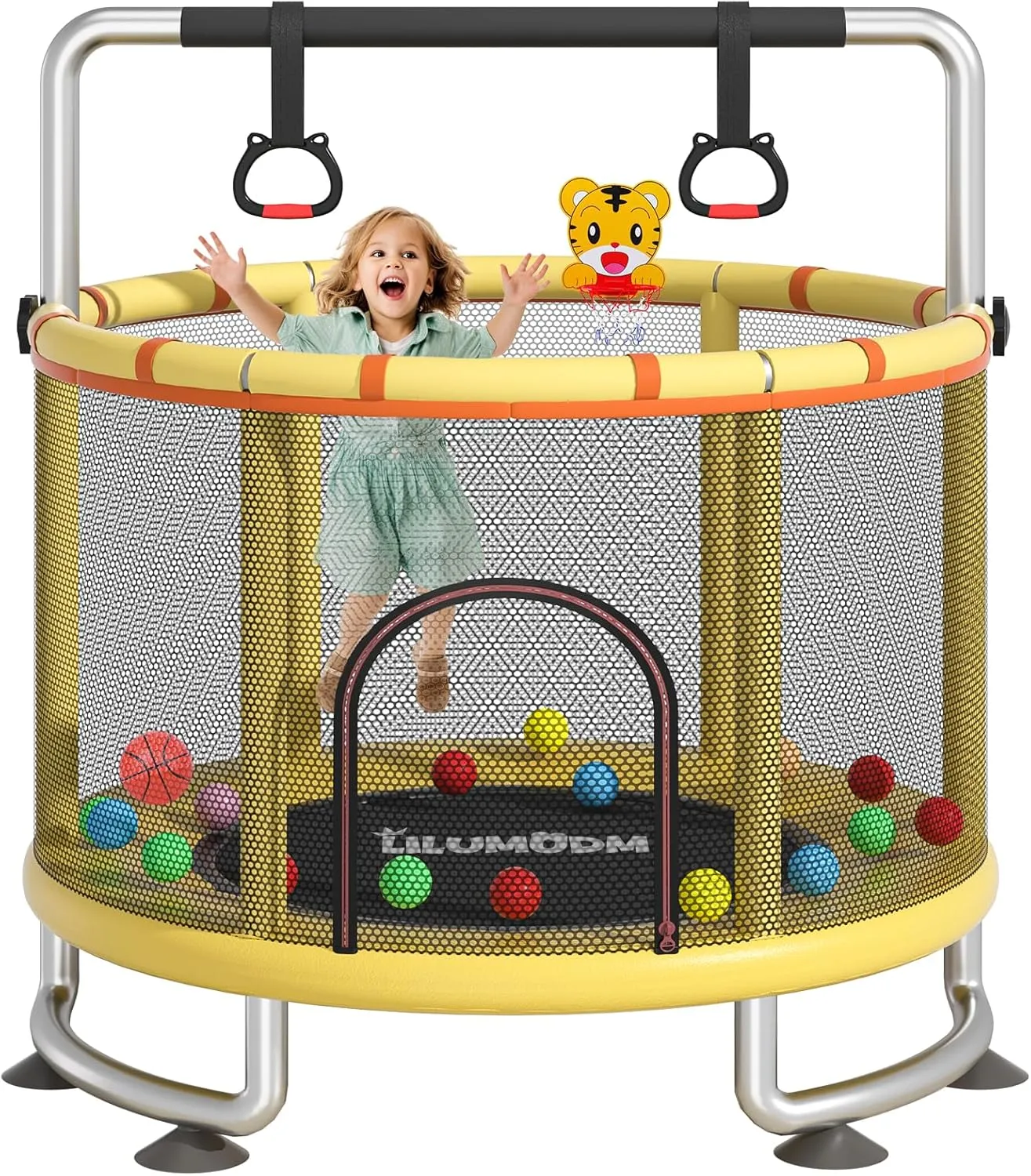 55" Toddler Trampoline for Kids,LILUMUDM Indoor Outdoor Trampoline with Enclosure Net, Adjustable Gymnastics Bars,Basketball Hoop,Baby Trampoline Jumping Mat Birthday Gifts for Children Boy Girl.