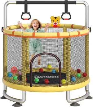 55" Toddler Trampoline for Kids,LILUMUDM Indoor Outdoor Trampoline with Enclosure Net, Adjustable Gymnastics Bars,Basketball Hoop,Baby Trampoline Jumping Mat Birthday Gifts for Children Boy Girl.