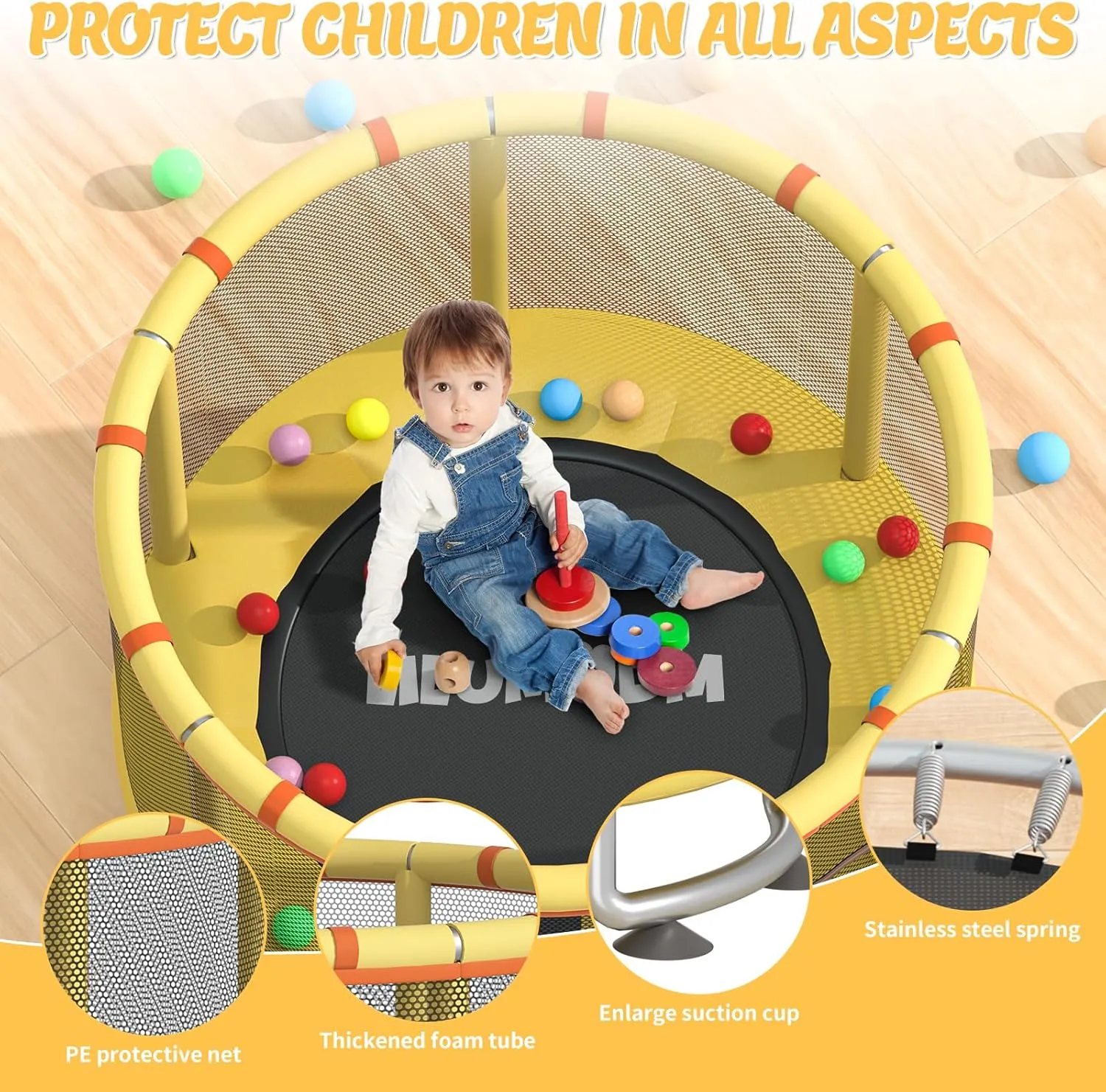 55" Toddler Trampoline for Kids,LILUMUDM Indoor Outdoor Trampoline with Enclosure Net, Adjustable Gymnastics Bars,Basketball Hoop,Baby Trampoline Jumping Mat Birthday Gifts for Children Boy Girl.