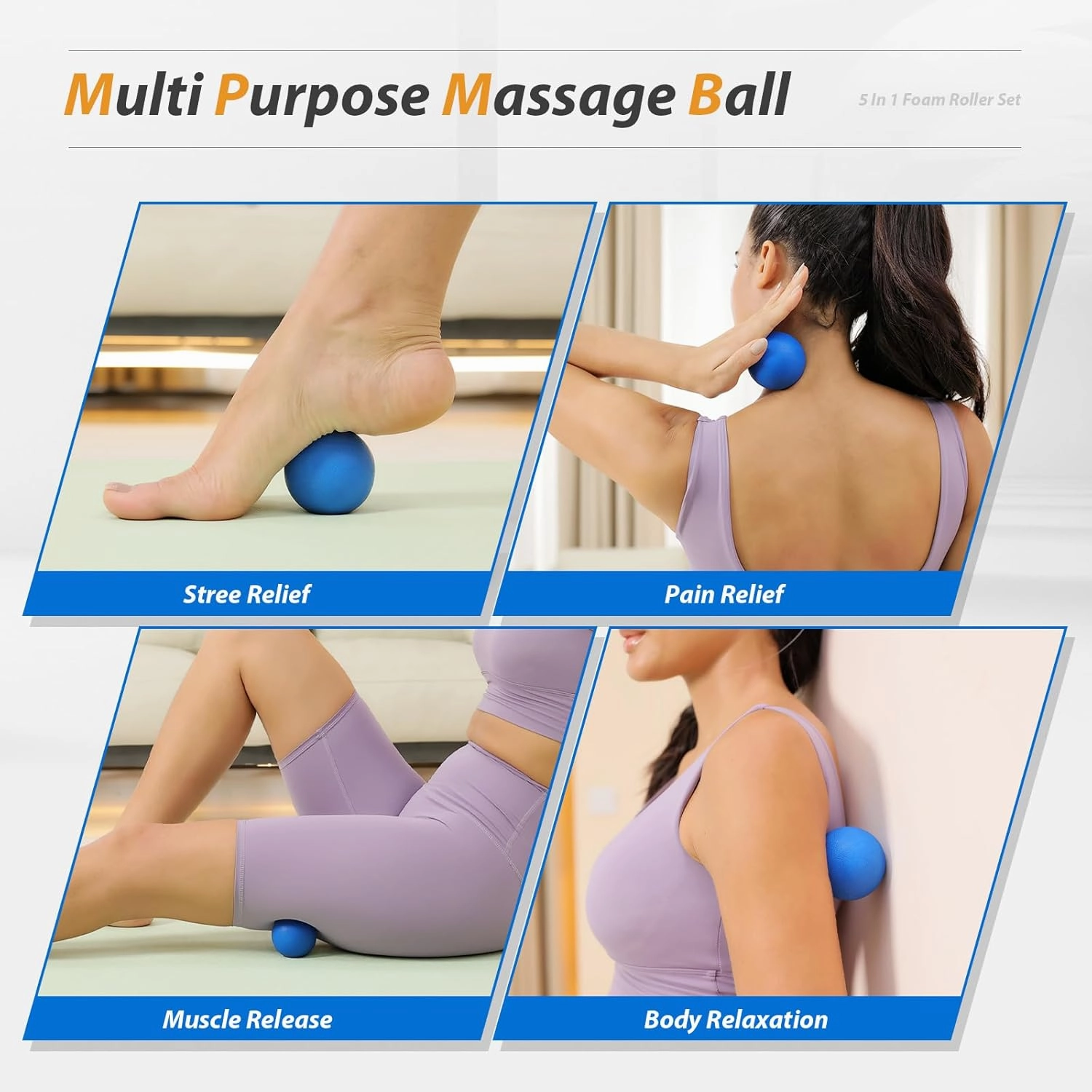 5 in1 Foam Roller Set, Trigger Point Foam Roller, Massage Roller Stick, Massage Ball, Resistance Band for Deep Muscle Massage Pilates Yoga,Fitness Exercise for Whole Body (Pure Blue)
