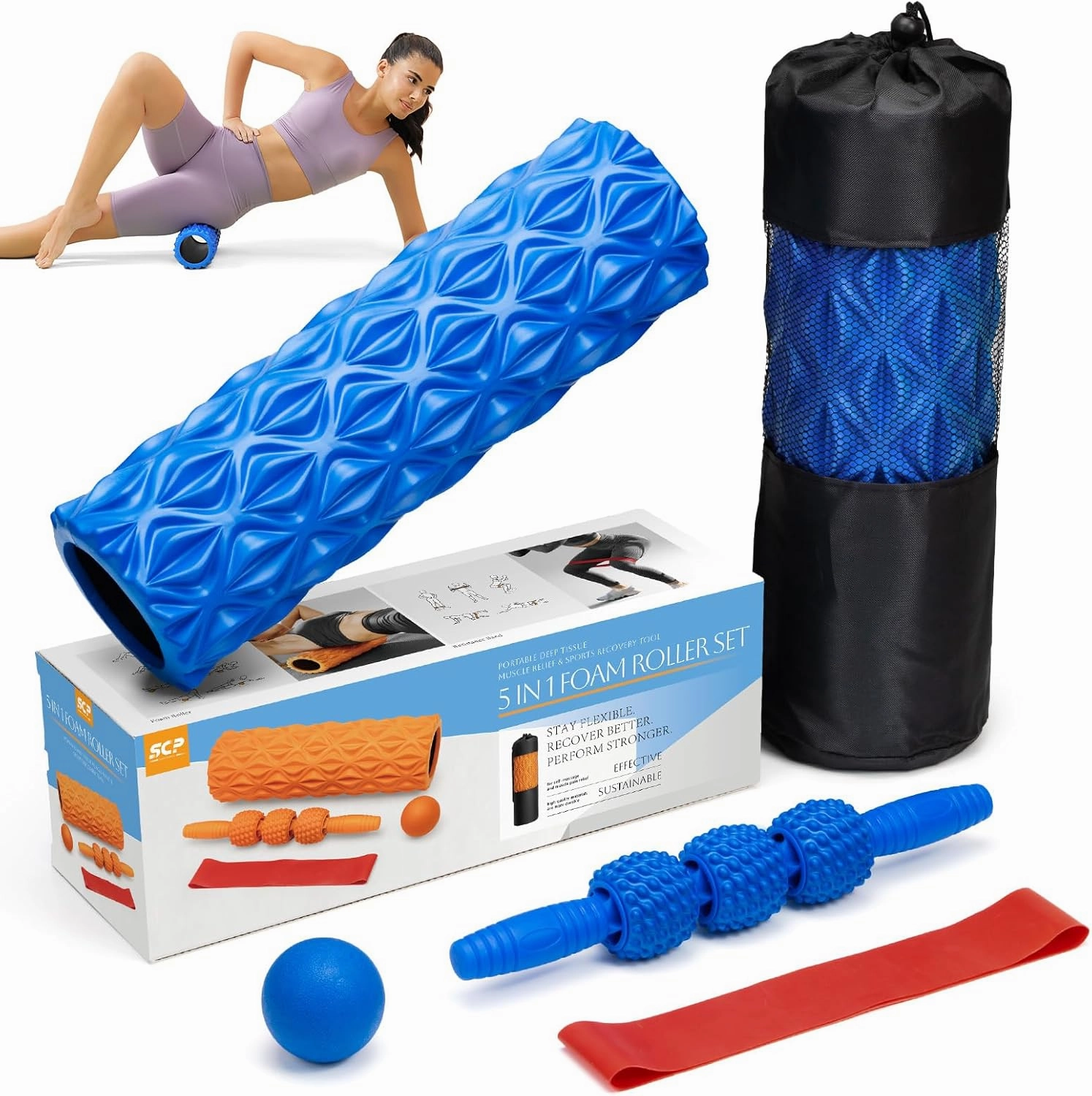 5 in1 Foam Roller Set, Trigger Point Foam Roller, Massage Roller Stick, Massage Ball, Resistance Band for Deep Muscle Massage Pilates Yoga,Fitness Exercise for Whole Body (Pure Blue)