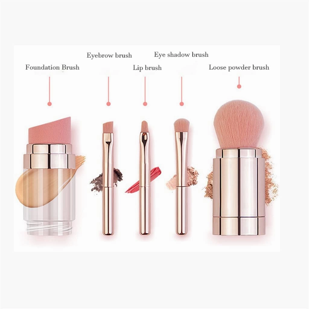 5 In 1 Portable Retractable Makeup Brushes For Foundation Eyebrow Lip Eyeshadow Loose Powder Cosmetic Set Makeup Brush Tools(D)