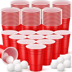60 Pack Table Tennis Cups 16 oz Set Contains 12 Pcs Balls and 50 Pcs Red Tennis Table Cup for Party Games