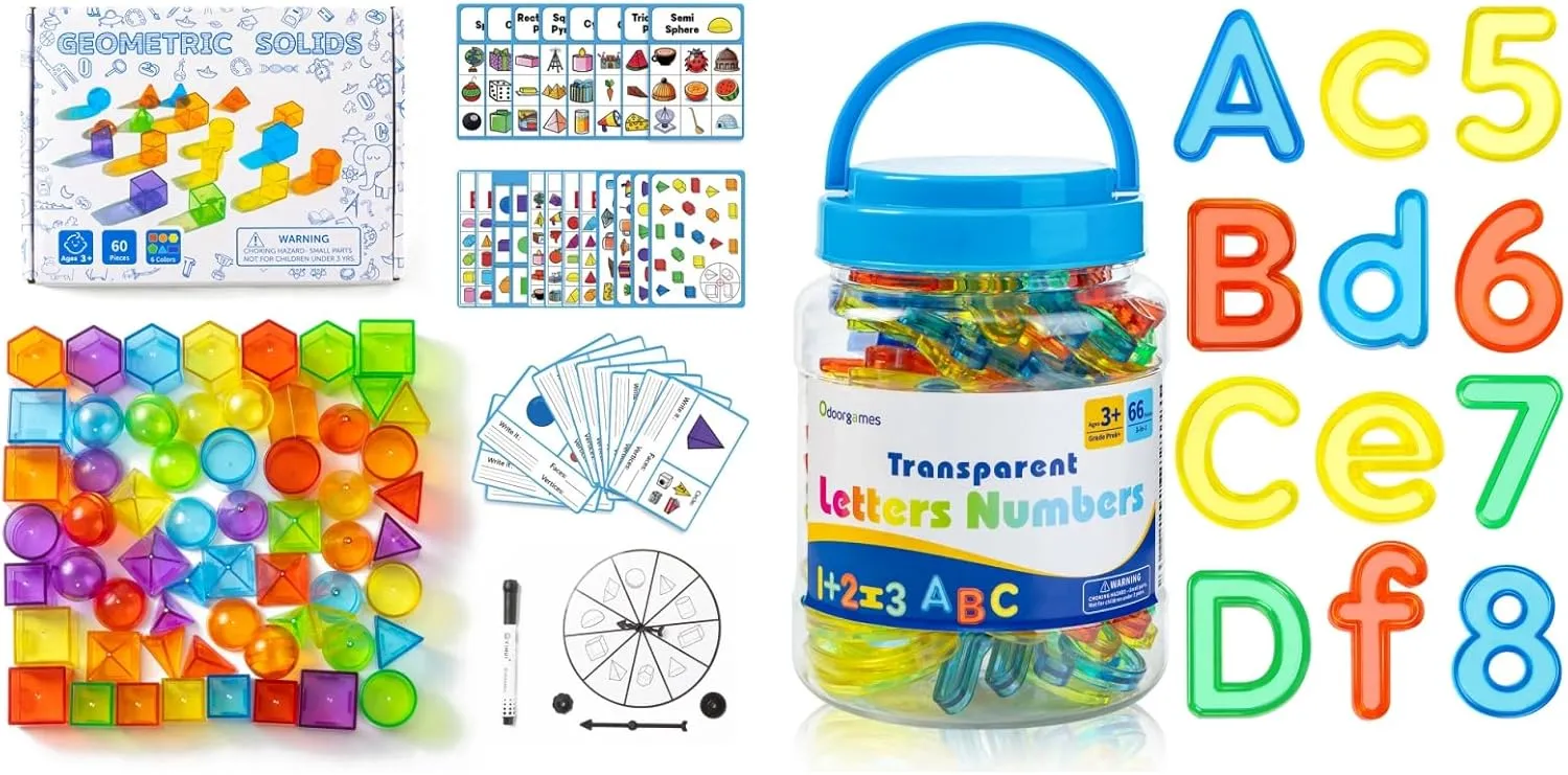 60 Pcs Mini 3D Shapes for Teaching - 66 Pcs Translucent Letters and Numbers - Light Table Manipulatives