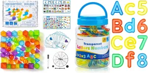 60 Pcs Mini 3D Shapes for Teaching - 66 Pcs Translucent Letters and Numbers - Light Table Manipulatives