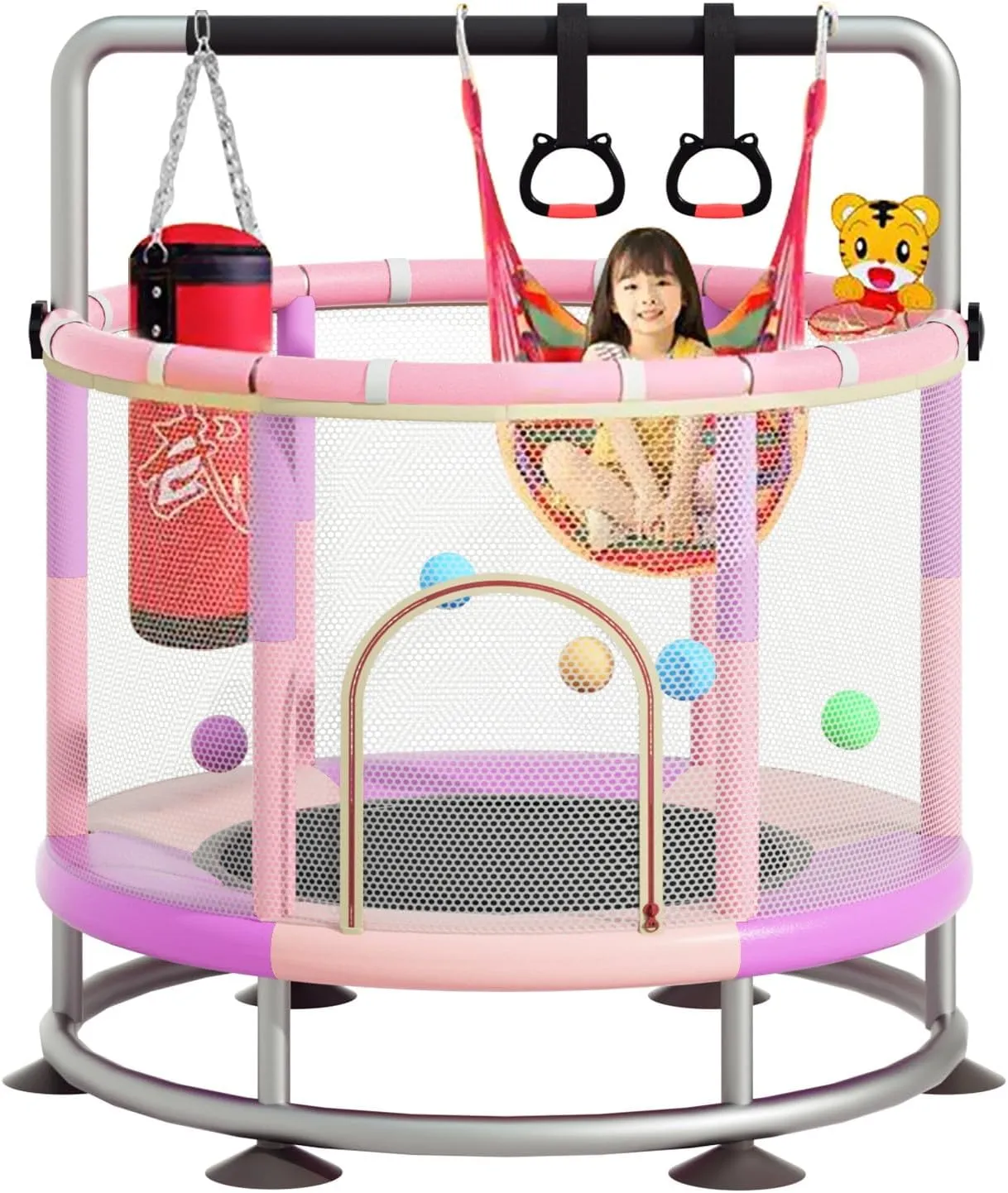 60" Trampoline for Kids, Anti-Rollover Round Bottom Baby Toddler Trampoline with Basketball Hoop, Indoor/Outdoor Kid Trampoline with Enclosure Net