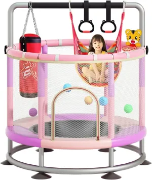 60" Trampoline for Kids, Anti-Rollover Round Bottom Baby Toddler Trampoline with Basketball Hoop, Indoor/Outdoor Kid Trampoline with Enclosure Net
