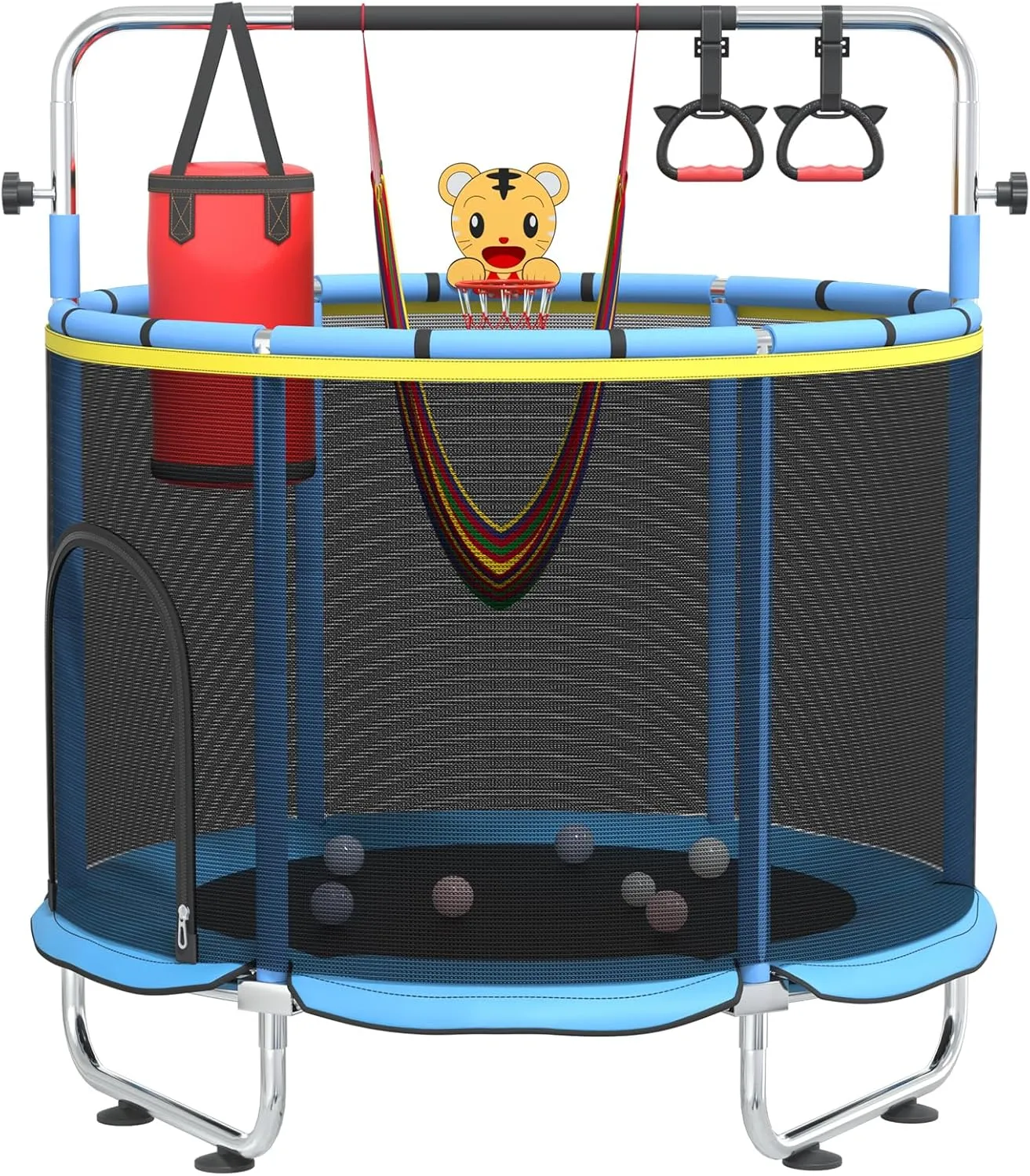 60" Trampoline for Kids with Safety Net, 440lbs Indoor & Outdoor Toddler Trampoline with Swing, Adjustable Gym Bar & Basketball Hoop, Fun & Active Play for Boys & Girls