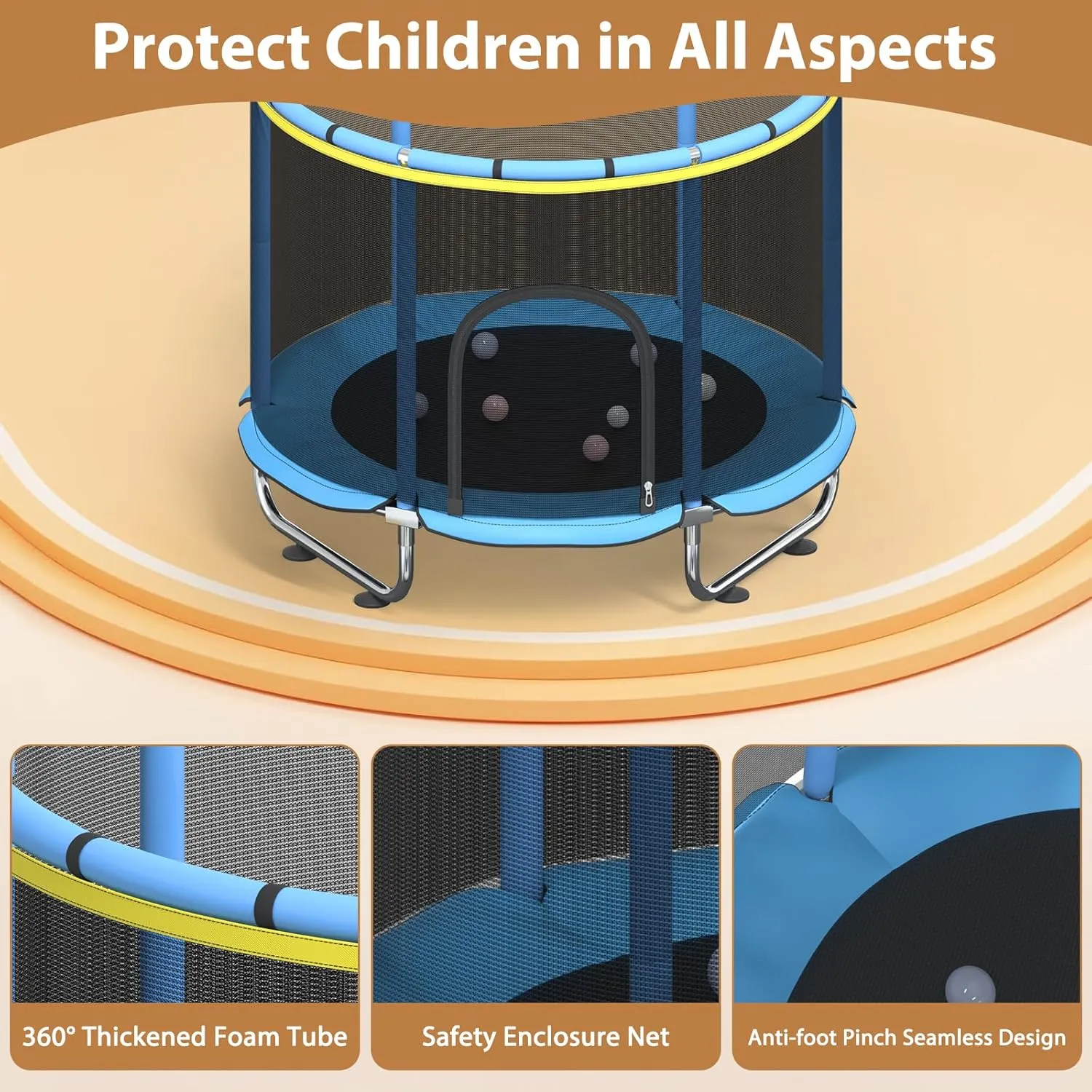 60" Trampoline for Kids with Safety Net, 440lbs Indoor & Outdoor Toddler Trampoline with Swing, Adjustable Gym Bar & Basketball Hoop, Fun & Active Play for Boys & Girls