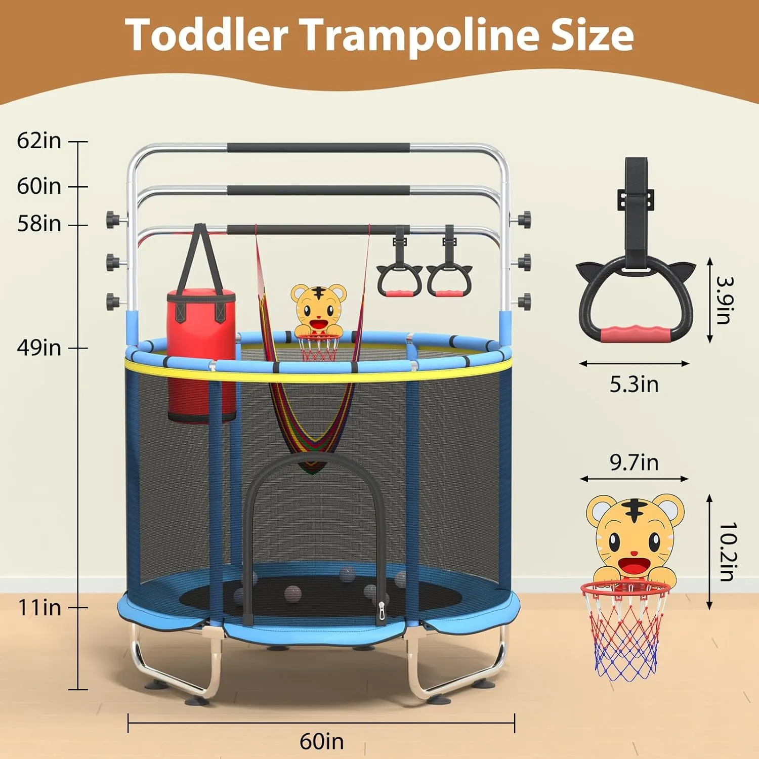 60" Trampoline for Kids with Safety Net, 440lbs Indoor & Outdoor Toddler Trampoline with Swing, Adjustable Gym Bar & Basketball Hoop, Fun & Active Play for Boys & Girls