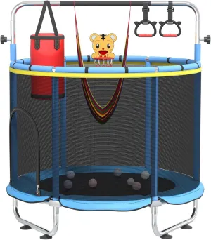 60" Trampoline for Kids with Safety Net, 440lbs Indoor & Outdoor Toddler Trampoline with Swing, Adjustable Gym Bar & Basketball Hoop, Fun & Active Play for Boys & Girls