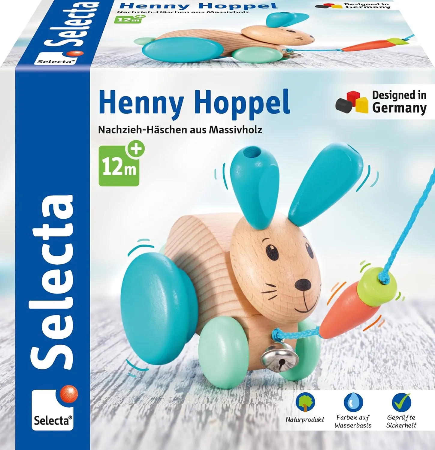 62100 Henny Hoppel Pull Along Rabbit Wooden Push and Pull Toy 13 cm