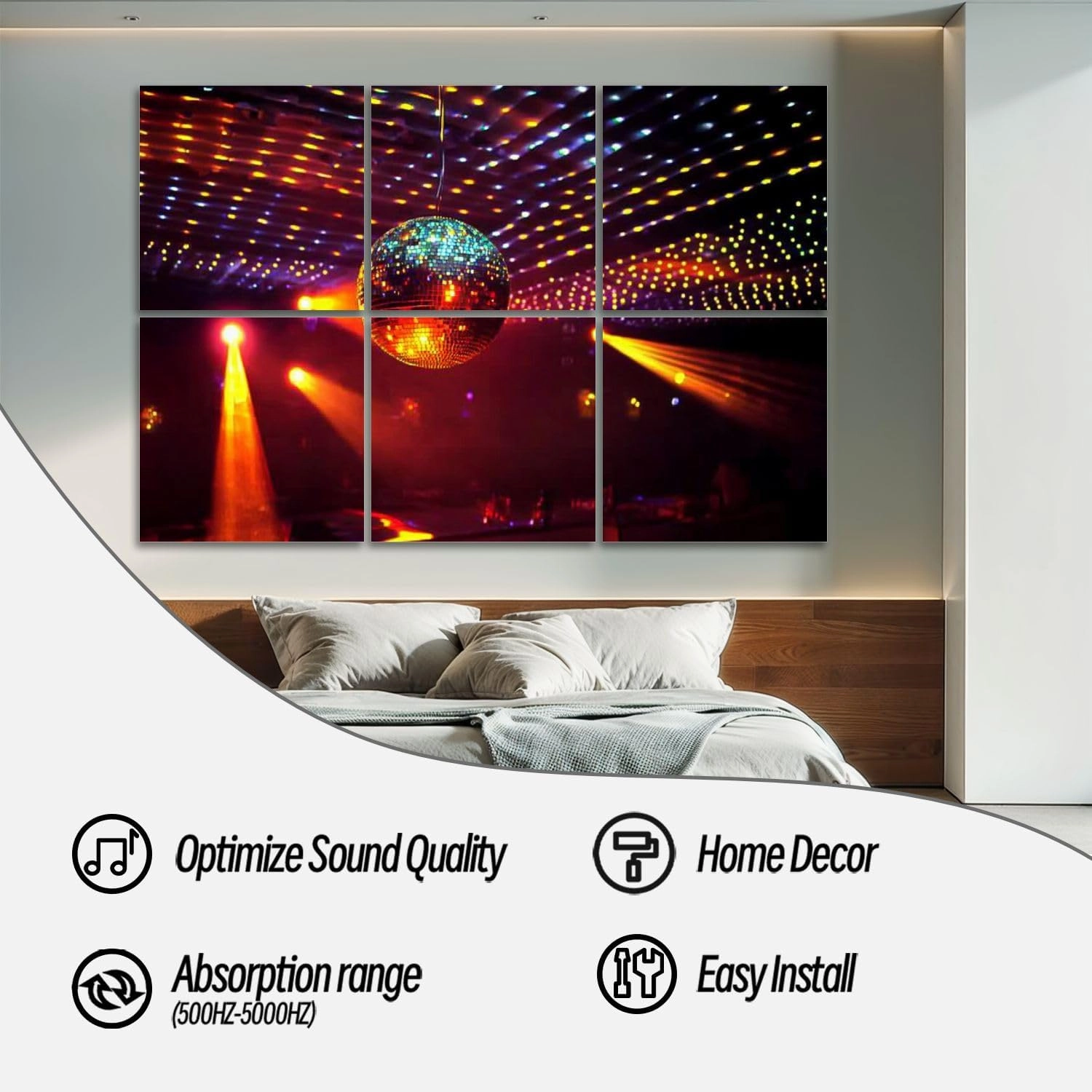 6 Pack Art Acoustic Panels Mirror disco ball light reflection ceiling Self-Adhesive Acoustic Wall Panels Sound Absorbing Panel Wall Decore for Recording Studio, Office, Moms