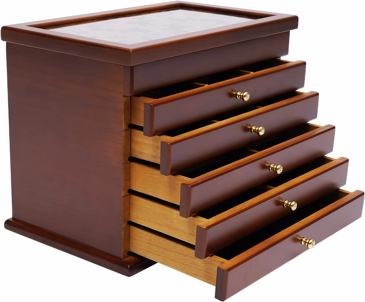 6 Tier Jewelry Box, Wood Brown Jewelry Storage Organizer with 5 Drawers, Large Storage Capacity, for Watches, Jewelry, Sunglasses, Earrings, Bracelets and So On
