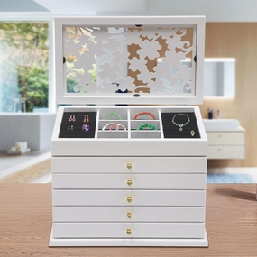6 Tier Jewelry Box, Wood Jewelry Storage Organizer with 5 Drawers, Large Storage Capacity, for Watches, Jewelry, Sunglasses, Earrings, Bracelets and So On, White
