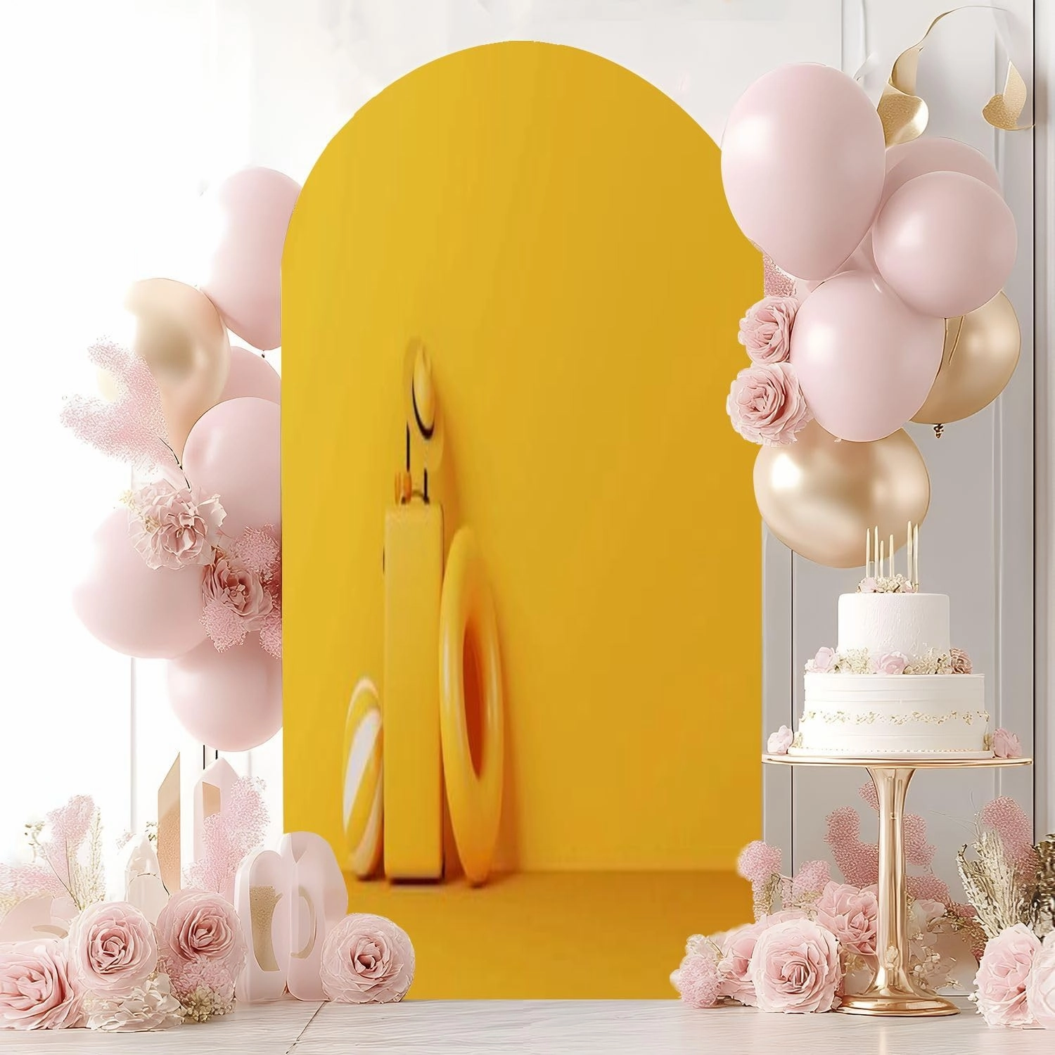 7.2FT Wedding Arch Backdrop Cover Yellow Luggage Suitcase Travel Bag hat Sunglasses Beach Ball Swimming Spandex Fitted Round Top Backdrop Stand Cover for Birthday Party Ceremony Banquet Decoration