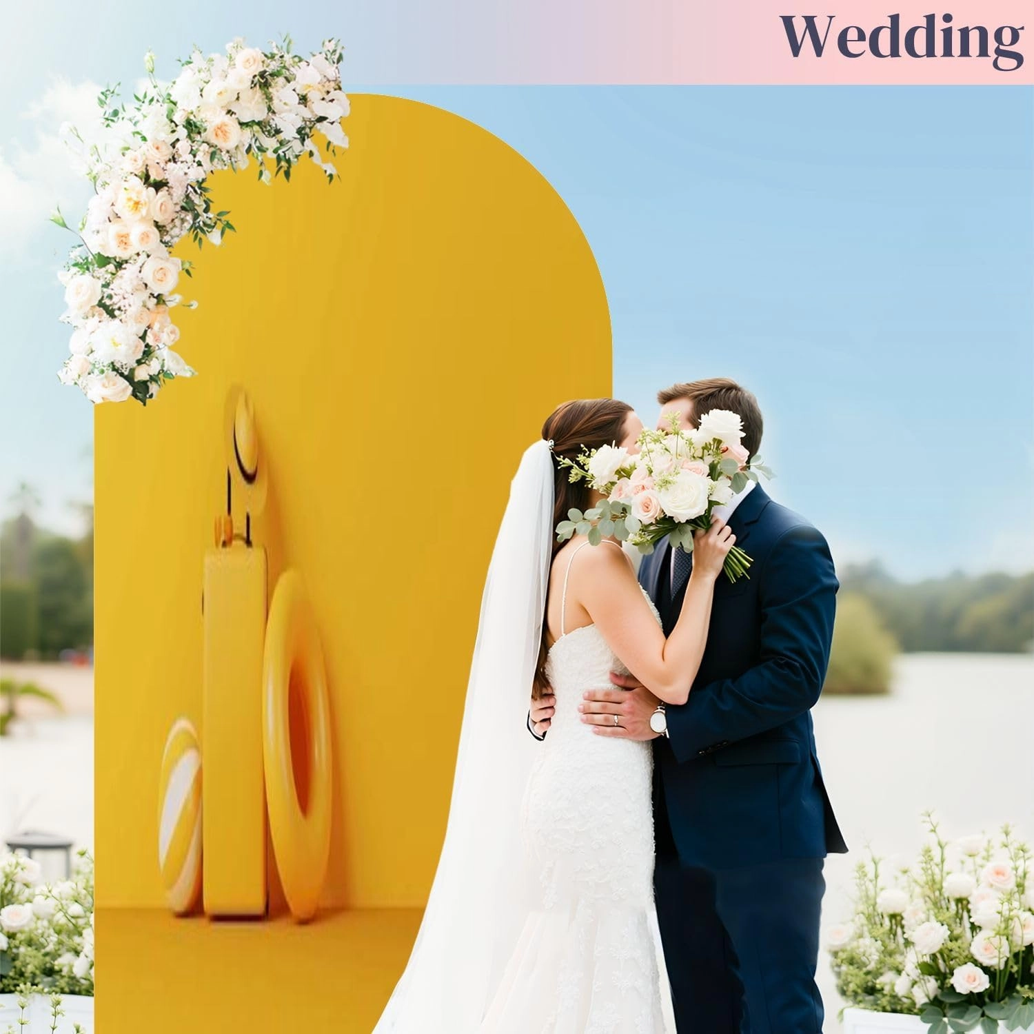 7.2FT Wedding Arch Backdrop Cover Yellow Luggage Suitcase Travel Bag hat Sunglasses Beach Ball Swimming Spandex Fitted Round Top Backdrop Stand Cover for Birthday Party Ceremony Banquet Decoration