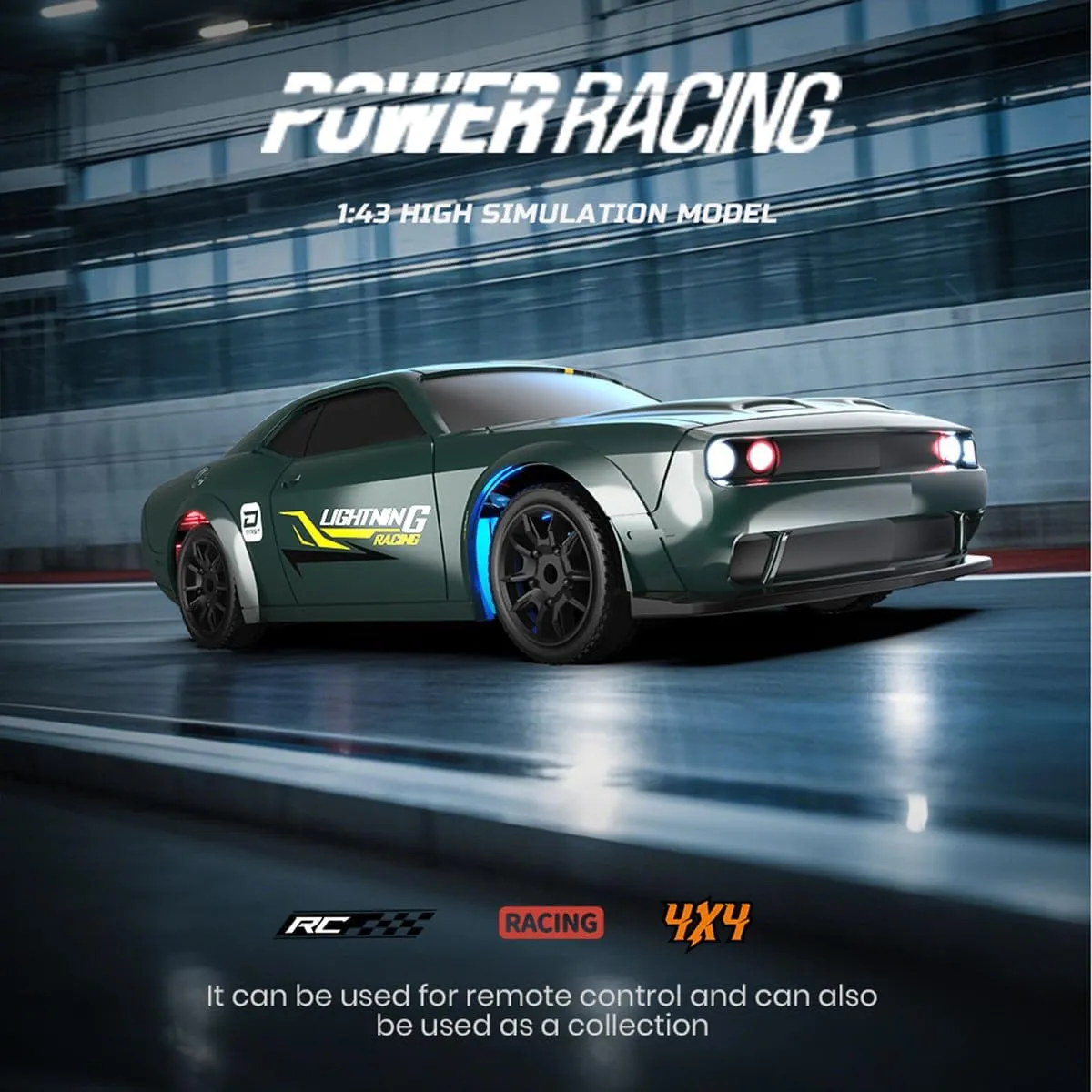 8501 RC Drift Racing Car, 1/43 Scale 2.4G Full-Proportional 4WD Electric Vehicle Model with Linked Lights, Steering Control Vehicle Gift for Adults (RTR Version/Green)