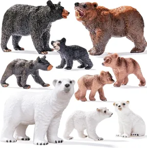 9PCS Bears Figurines Toys, Realistic Forest Animals Family Figures Toy Includes Polar Brown Black Bears and Cubs, Cake Toppers Birthday Gift Party Favors for Boys Girls
