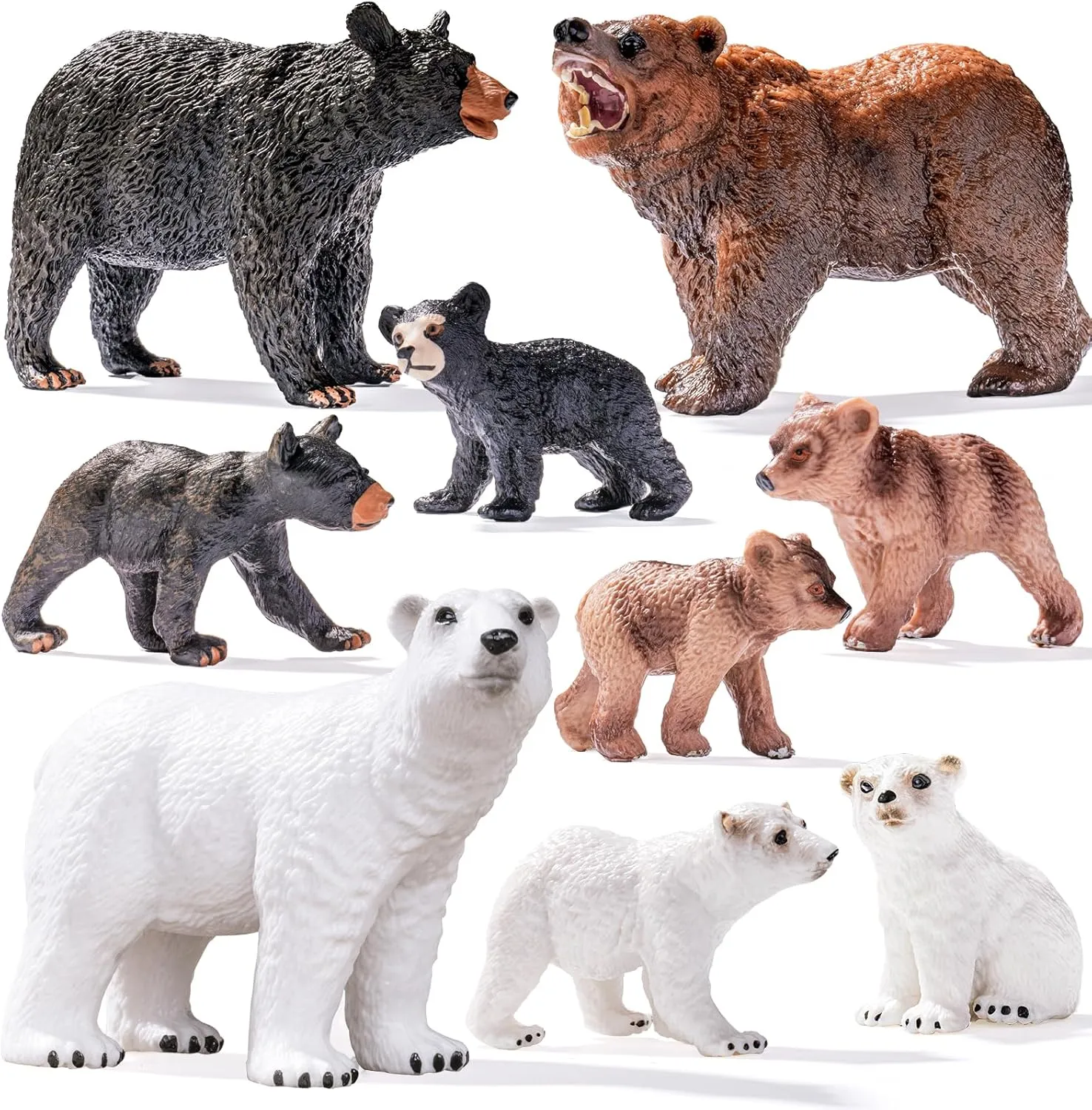 9PCS Bears Figurines Toys, Realistic Forest Animals Family Figures Toy Includes Polar Brown Black Bears and Cubs, Cake Toppers Birthday Gift Party Favors for Boys Girls