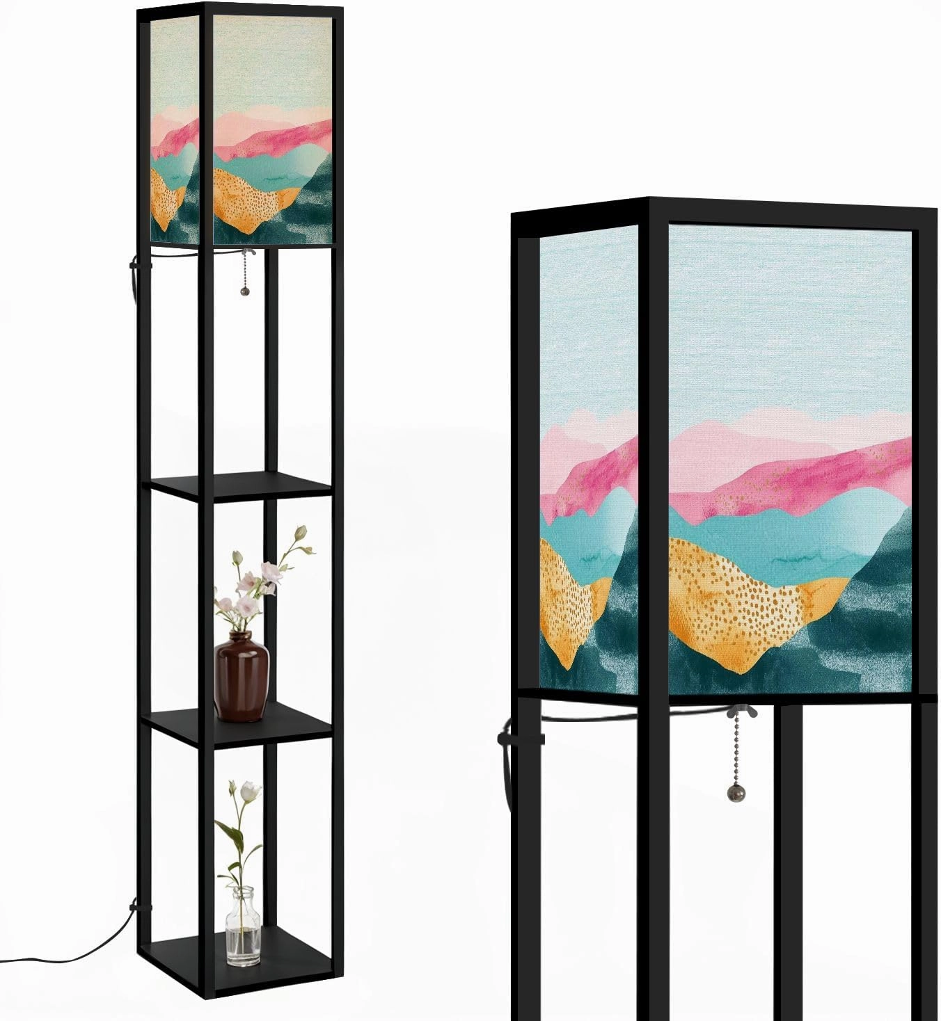 Abstract collage paper torn cardboard silhouettes nature landscape Floor Lamps with Shelves, Modern Standing Lamp Narrow Corner Display Bookshelf Lamp for Living Room, Bedroom, Office Decor