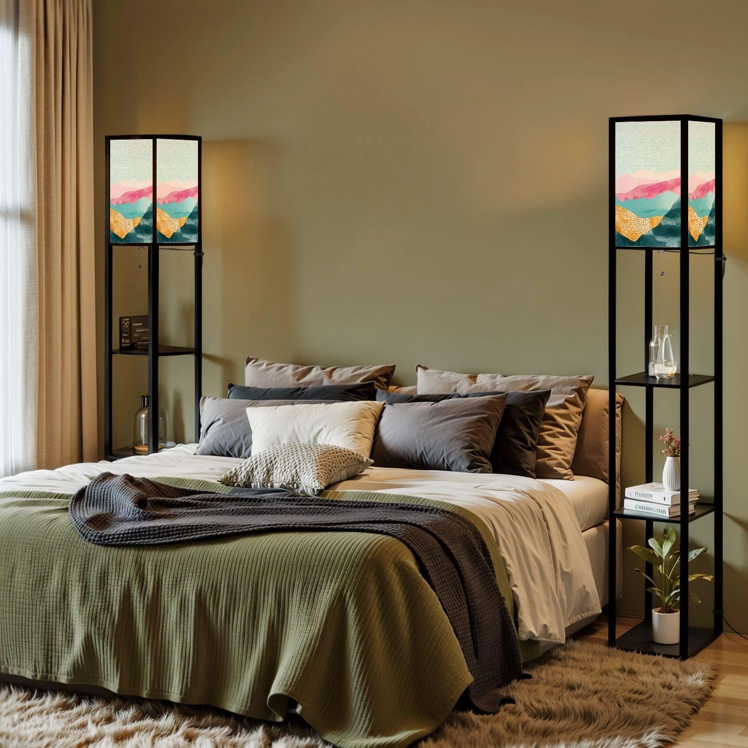 Abstract collage paper torn cardboard silhouettes nature landscape Floor Lamps with Shelves, Modern Standing Lamp Narrow Corner Display Bookshelf Lamp for Living Room, Bedroom, Office Decor