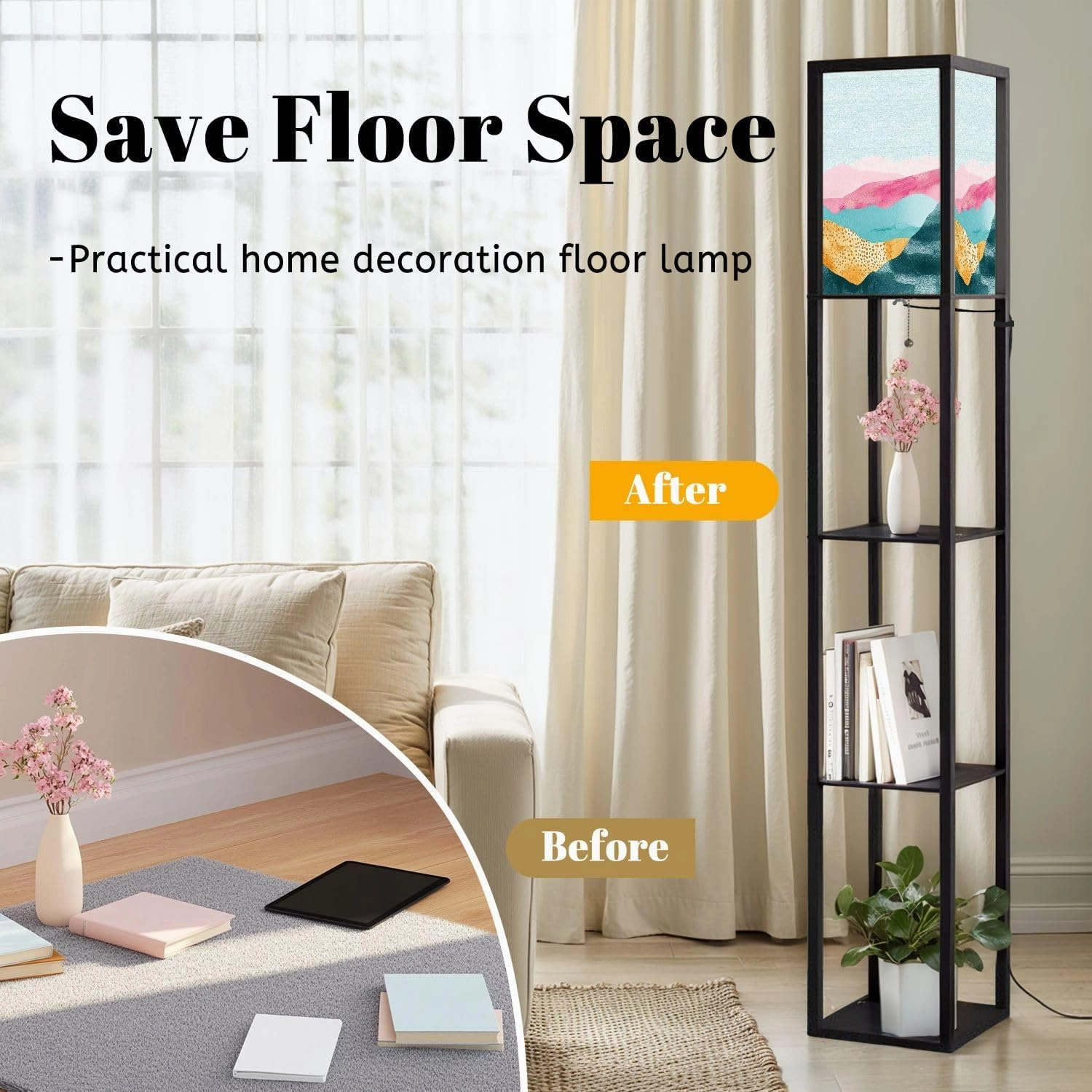 Abstract collage paper torn cardboard silhouettes nature landscape Floor Lamps with Shelves, Modern Standing Lamp Narrow Corner Display Bookshelf Lamp for Living Room, Bedroom, Office Decor