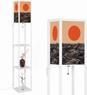 Abstract landscape depicting crashing under minimalist colorful style Floor Lamps with Shelves, Modern Standing Lamp Narrow Corner Display Bookshelf Lamp for Living Room, Bedroom, Office Decor