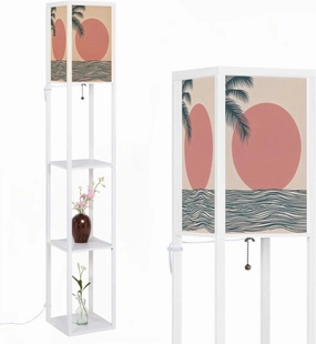 Abstract sea landscape minimalist modern line art poster Geometric Floor Lamps with Shelves, Modern Standing Lamp Narrow Corner Display Bookshelf Lamp for Living Room, Bedroom, Office Decor