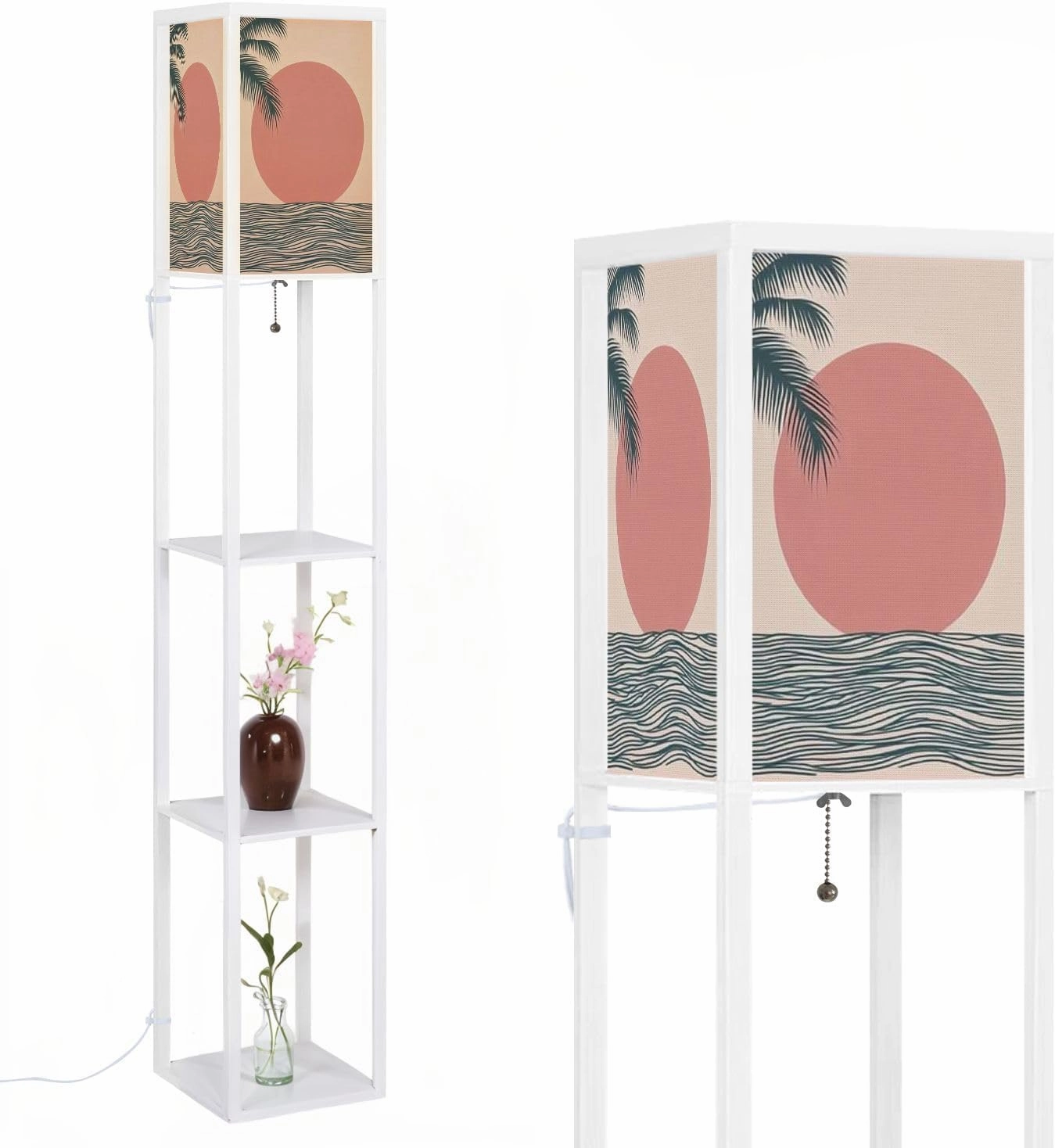 Abstract sea landscape minimalist modern line art poster Geometric Floor Lamps with Shelves, Modern Standing Lamp Narrow Corner Display Bookshelf Lamp for Living Room, Bedroom, Office Decor