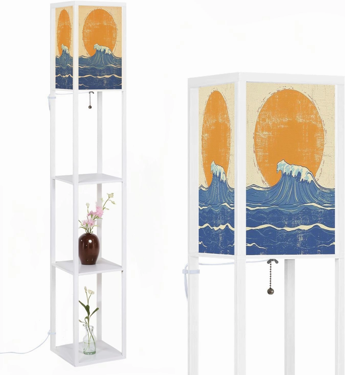 Abstract sea Waves sea Landscape Grunge Floor Lamps with Shelves, Modern Standing Lamp Narrow Corner Display Bookshelf Lamp for Living Room, Bedroom, Office Decor