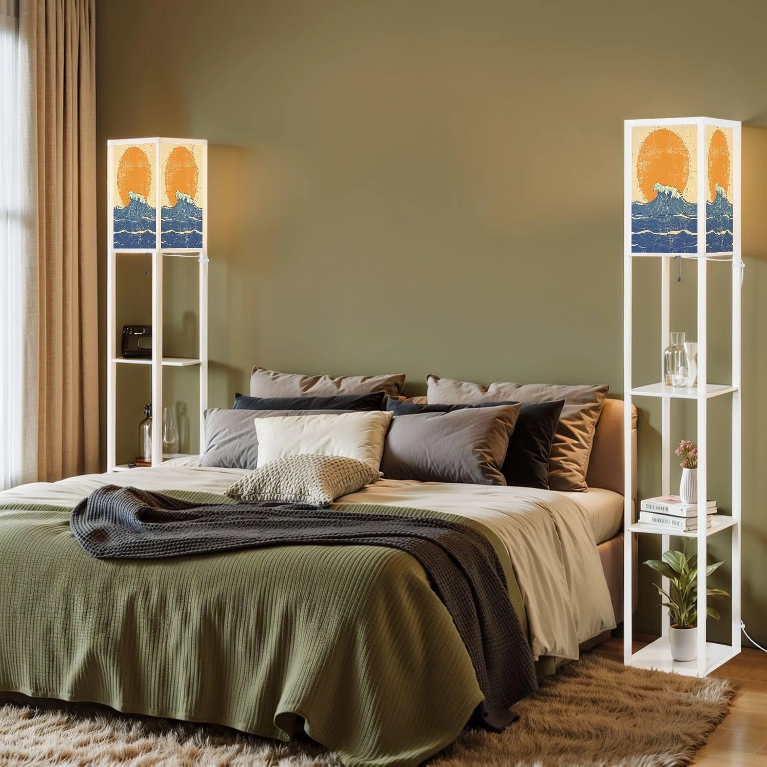 Abstract sea Waves sea Landscape Grunge Floor Lamps with Shelves, Modern Standing Lamp Narrow Corner Display Bookshelf Lamp for Living Room, Bedroom, Office Decor