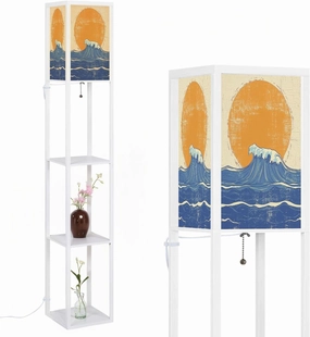 Abstract sea Waves sea Landscape Grunge Floor Lamps with Shelves, Modern Standing Lamp Narrow Corner Display Bookshelf Lamp for Living Room, Bedroom, Office Decor