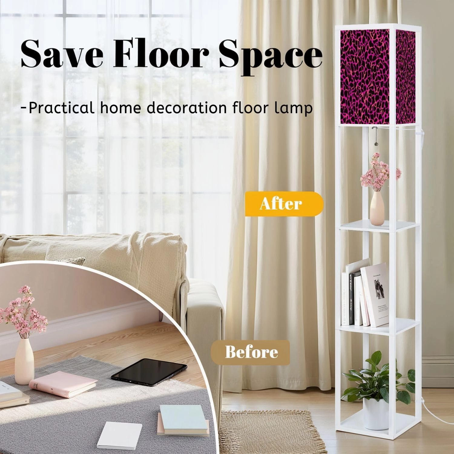 Abstract Seamless Pattern Black Spots Pink Floor Lamps with Shelves, Modern Standing Lamp Narrow Corner Display Bookshelf Lamp for Living Room, Bedroom, Office Decor