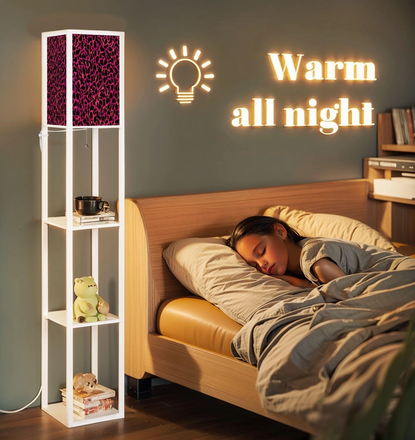 Abstract Seamless Pattern Black Spots Pink Floor Lamps with Shelves, Modern Standing Lamp Narrow Corner Display Bookshelf Lamp for Living Room, Bedroom, Office Decor