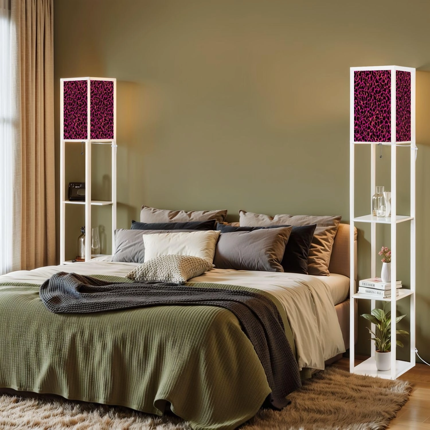 Abstract Seamless Pattern Black Spots Pink Floor Lamps with Shelves, Modern Standing Lamp Narrow Corner Display Bookshelf Lamp for Living Room, Bedroom, Office Decor