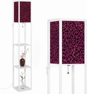 Abstract Seamless Pattern Black Spots Pink Floor Lamps with Shelves, Modern Standing Lamp Narrow Corner Display Bookshelf Lamp for Living Room, Bedroom, Office Decor