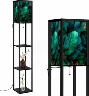 Abstract Texture Nature Tropical Leaves Floor Lamps with Shelves, Modern Standing Lamp Narrow Corner Display Bookshelf Lamp for Living Room, Bedroom, Office Decor