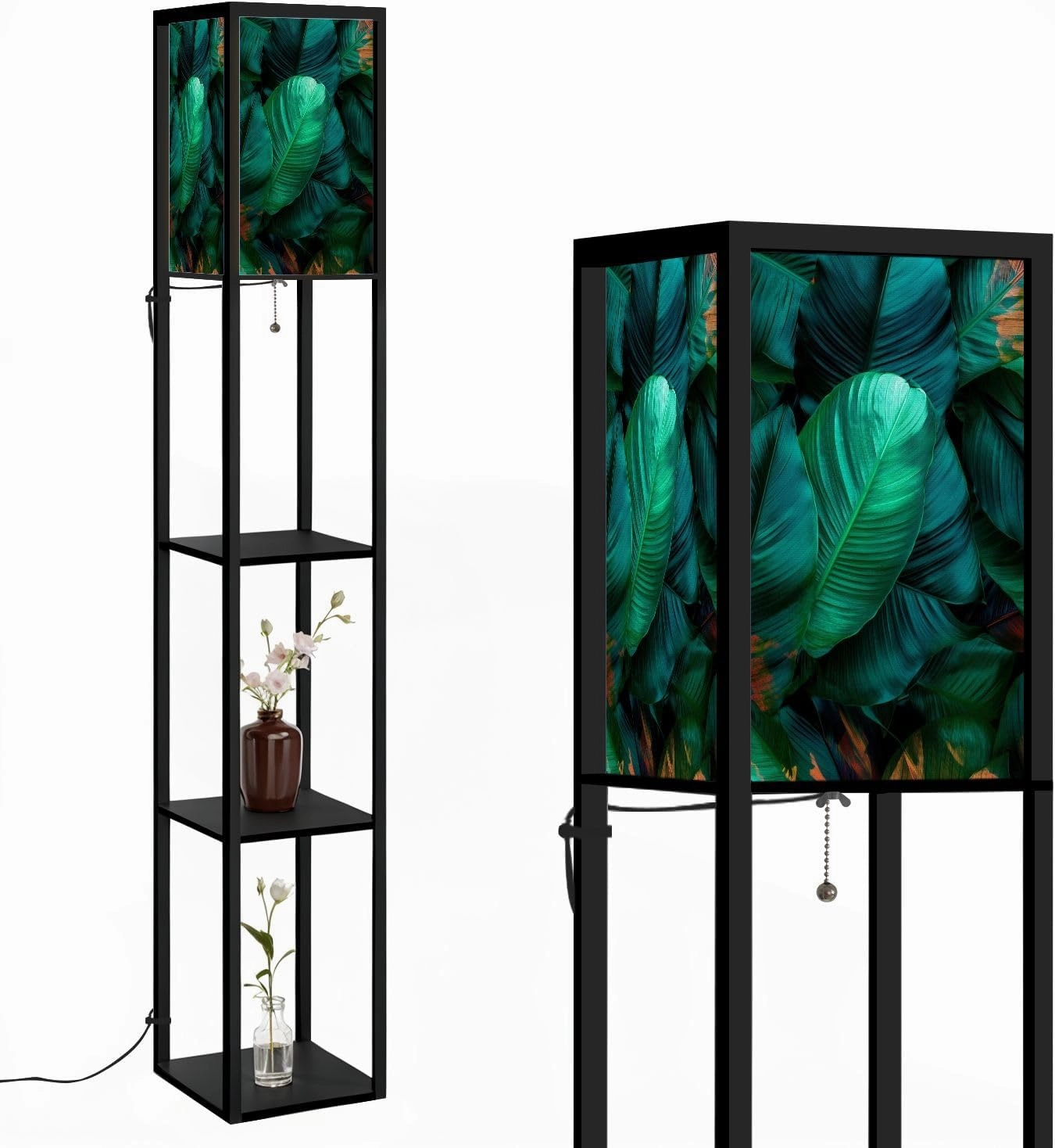 Abstract Texture Nature Tropical Leaves Floor Lamps with Shelves, Modern Standing Lamp Narrow Corner Display Bookshelf Lamp for Living Room, Bedroom, Office Decor