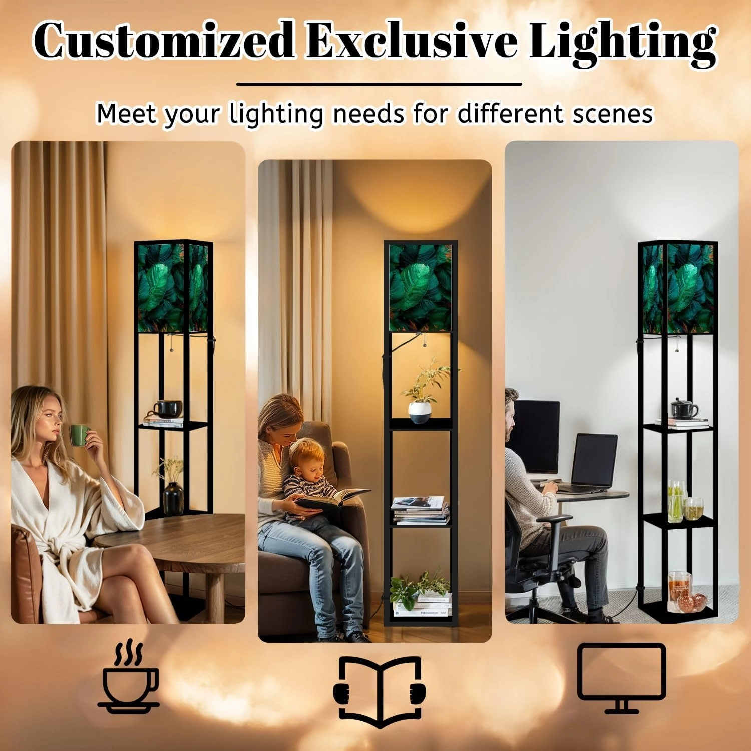 Abstract Texture Nature Tropical Leaves Floor Lamps with Shelves, Modern Standing Lamp Narrow Corner Display Bookshelf Lamp for Living Room, Bedroom, Office Decor