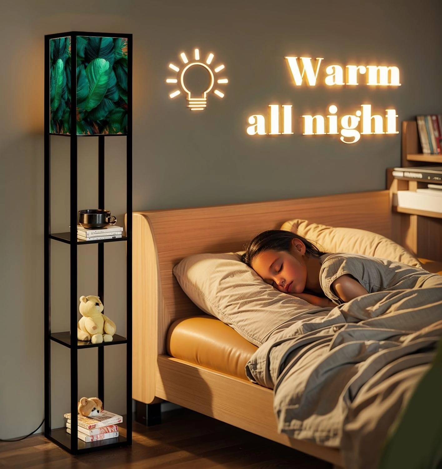Abstract Texture Nature Tropical Leaves Floor Lamps with Shelves, Modern Standing Lamp Narrow Corner Display Bookshelf Lamp for Living Room, Bedroom, Office Decor
