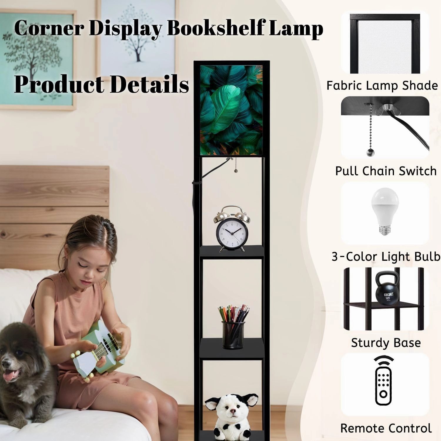 Abstract Texture Nature Tropical Leaves Floor Lamps with Shelves, Modern Standing Lamp Narrow Corner Display Bookshelf Lamp for Living Room, Bedroom, Office Decor