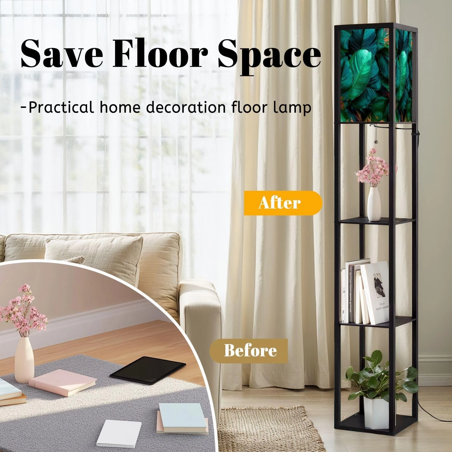 Abstract Texture Nature Tropical Leaves Floor Lamps with Shelves, Modern Standing Lamp Narrow Corner Display Bookshelf Lamp for Living Room, Bedroom, Office Decor