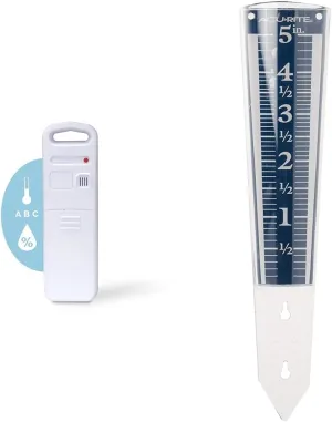 AcuRite Wireless Indoor Outdoor Temperature Humidity Sensor (06002M) and 5" Capacity Magnifying Acrylic Blue (00850A3) Rain Gauge Bundle