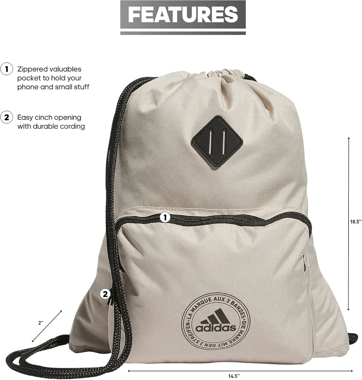 adidas Classic 3S 2.0 Sackpack, Wonder Beige/Black, One Size